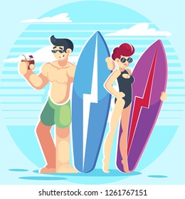 Vector young couple characters. Cartoon flat style vector illustration. Family vacation. Beach, summer, ocean. Surfing board. Man and woman.