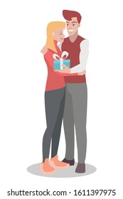 Vector with a young couple. The guy gives the girl a gift. The girl hugs him in gratitude. Ideal for Valentine's Day.