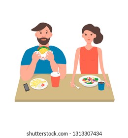 Vector young couple having dinner in a cafe. A man eats a Burger with fries, and the girl eats fresh salad.