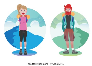 İsolated vector of young couple hiking with backpack. Both characters have background of hill and sky full of clouds. Hiking, summer outdoor activities concept design.