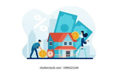 Vector of a young couple investing money in real estate. Bank loan and savings concept