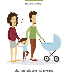Vector young couple love concept. Young family of parents, daughter and baby in the cradle. Romantic illustration.