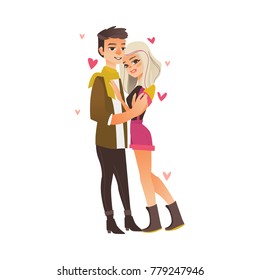 Vector young couple in love dating at valentine s day. Cartoon beautiful characters in casual clothing hugging, embrasing expressing care, positive emotions. Isolated illustration, white background
