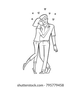 Vector young couple in love dating at valentines day. Hand drawn monochrome beautiful characters embrasing expressing care, positive emotions, girl kissing man. Isolated illustration, white background