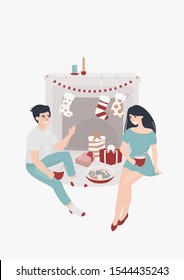 Vector young couple sits by the fireplace and drinks cocoa surrounded by Christmas presents