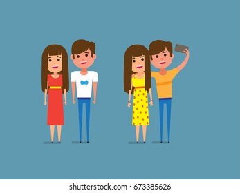 Vector young couple taking mobile photograph. Beauty of love. Healthy active lifestyle. Digital character illustration.
