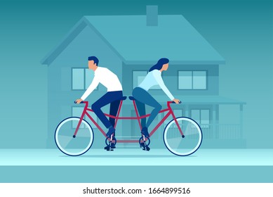 Vector of a young couple woman and man riding tandem bicycle in different directions. 