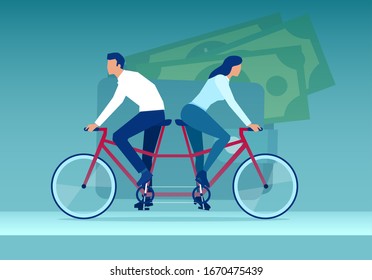 Vector of a young couple woman and man riding tandem bicycle in different directions ona background of a wallet 