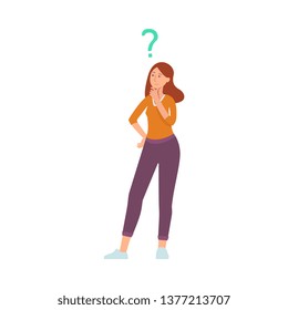 Vector young cute redhead woman portrait thinking. Beautiful character standing thoughtful pose holding chin thinking with questions above head. Isolated illustration