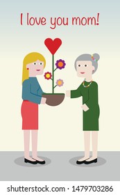 Vector young daughter delivers flower pot to her elderly mom. Daughter who loves her mother. Mother and daughter who love each other very much. Ideal for card, birthday, mother´s day