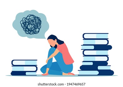 Vector of a young depressed and confused woman looking for and an answer in books 