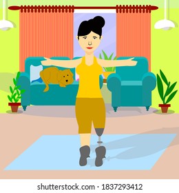 Vector of Young Disabled women with leg prosthesis doing yoga exercises  at home during the time of quarantine , Disability concept.