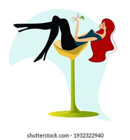 Vector de una joven y elegante mujer tendida en una copa de vino. Las chicas beben alcohol. Divertido Concepto Social Sobre El Alcoholismo. Una dama con malos hábitos. Ilustración aislada en un fondo blanco.