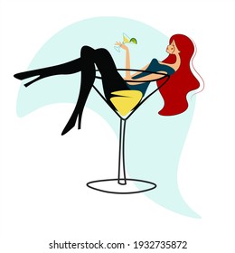 Vector de una joven y elegante mujer tendida en un vaso. La chica bebe alcohol. El problema social del alcoholismo. Señora con malos hábitos. Ilustración aislada sobre fondo blanco.