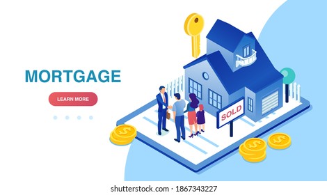 Vector of a young family buying a new house signing a deal with real estate agent.