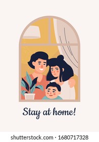 Vector young family with a child stands at the window at home and text Stay at home on light backround,