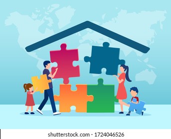 Vector of a young family parents and children building a house