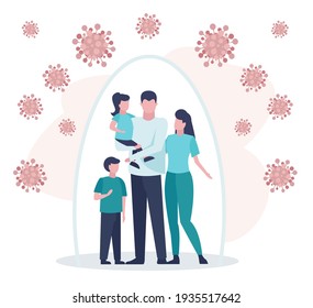 Vector of a young family protected from viruses. Immunity and vaccination concept