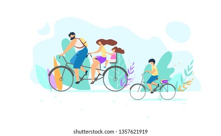 Vector Young Family Riding Bike on Nature. Illustration Young Guy Pedaling. Little Girl Daughter Holding on Mom Active Sport Active Lifestyle Life Position Being in Motion Training in Air.