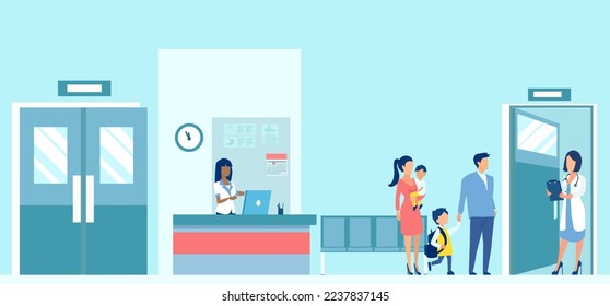 Vector of a young family with two kids visiting a hospital for consultation 