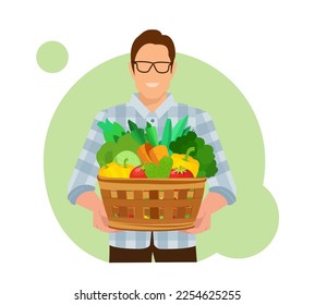 Vector de un joven agricultor que sostiene una cesta con verduras frescas