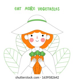 Vector with young farmer and vegetables. Lettering - Eat more vegetables.