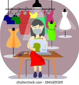 Vector of young  female dressmaker (tailor) or seam stress, sewing dresses for festival season, with wearing face mask , tailoring shop , New Normal, working with sewing machine.