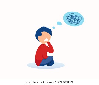 Vector of a young frustrated boy sitting having bewildered thoughts in his mind.