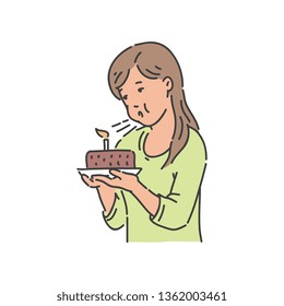 Vector young girl blowing candle. Cute female character holding birthday chocolate cake with candle. Beautiful young woman in green skirt at party with sweet dessert.