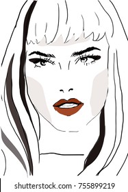 vector young girl face posing portrait picture.pencil line style.black eye lash.red lip.contour face.eye pen.bye brow.winter season.frost