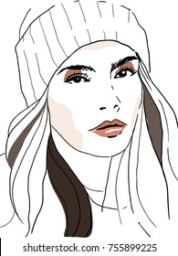 vector young girl face posing portrait picture.pencil line style.black eye lash.red lip.contour face.eye pen.bye brow.winter season.frost