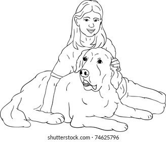 vector - young girl with her golden Retriever