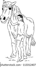 vector - young girl with her horse. isolated on background