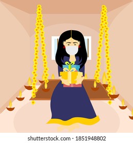 Vector of young girl holding surprise Diwali gifts sitting on decorated swing with medical face mask, home decorate with Diyas, celebration of diwali festival.  