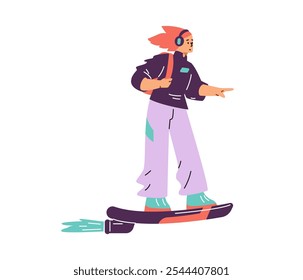 Vector with a young girl on a skateboard with a rocket engine, dressed in futuristic clothes and headphones flying. An image reflecting high technology in the future