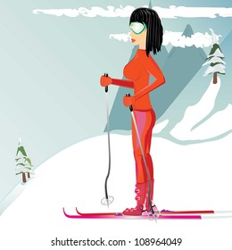 vector young girl on ski on a slope. Vector illustration. winter background.