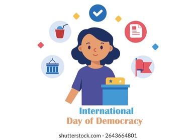 Vector of a young girl proudly casting her vote at a booth, surrounded by democracy icons. Educational and inspiring theme with "International Day of Democracy" text on white background.