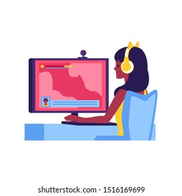 Vector young girl sitting in headset playing computer game live streaming with web camera. Cute woman streamer, professional esport gamer producing video content. Cybersportswoman twicher