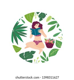 Vector young girl sitting and reading book  in the swimsuit with tropical leaves around isolated on white background. Summer vacation. Summer girl illustration