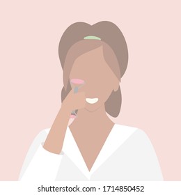 Vector young girl takes care of her skin, making roller face massage. Simple illustration