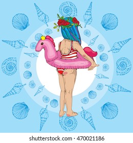 Vector young girl with a unicorn lifebuoy on a blue background with shells. Hand drawn image.