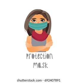 Vector young girl wearing protection mask and scarf. Flat isolated illustration on a white background. Illness and disease symptoms concept