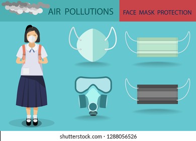 vector of young girl wearing thai elementary school uniform and wearing mask protection design with face mask colletion in air pollutions concept