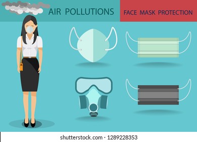 vector of young girl wearing university uniform and wearing mask protection design with face mask colletion in air pollutions concept