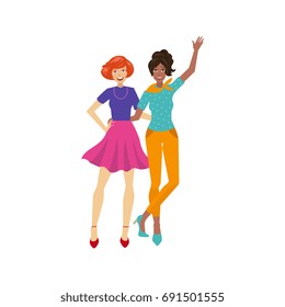 vector young girls hugging happily. Flat cartoon illustration isolated on a white background. Young woman in party clothing , in high heels having fun