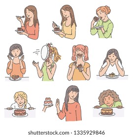 Vector young girls and sweet dessert cake set. Female character happily eat sweets, refuse to do it, surprised by piece of cake, standing with cream on face, struggling not to taste cookie.