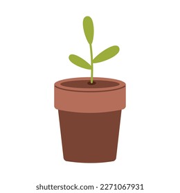 Vector young green plant in flat design. Seedling in plant pot. Planting and gardening. Springtime.
