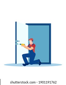 Vector of a young handyman repairing apartment entrance door 