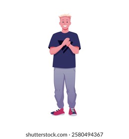 Vector of young happy blond man clapping his hands. Applause. Isolated full-length character. Positive applause, success and appreciation theme. Flat cartoon style.