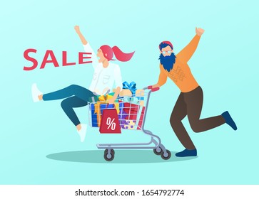 Vector of a young happy couple having fun shopping at discounted prices while hipster looking guy pushing shopping trolley with his girfriend inside